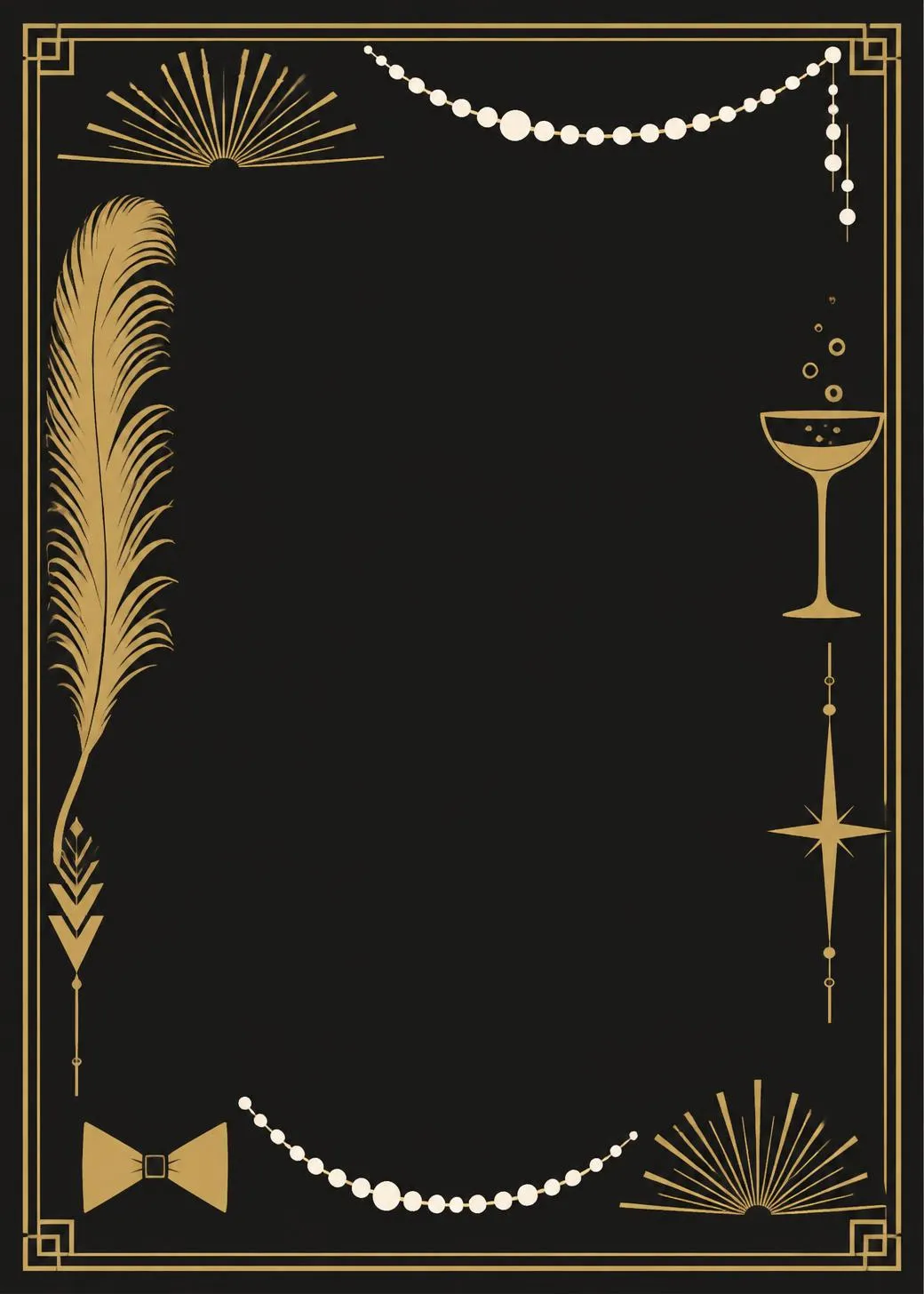 Art deco Gatsby-style invitation on black with a gold deco frame, sunburst fans, an ostrich feather, a champagne coupe, a bow and strands of pearls