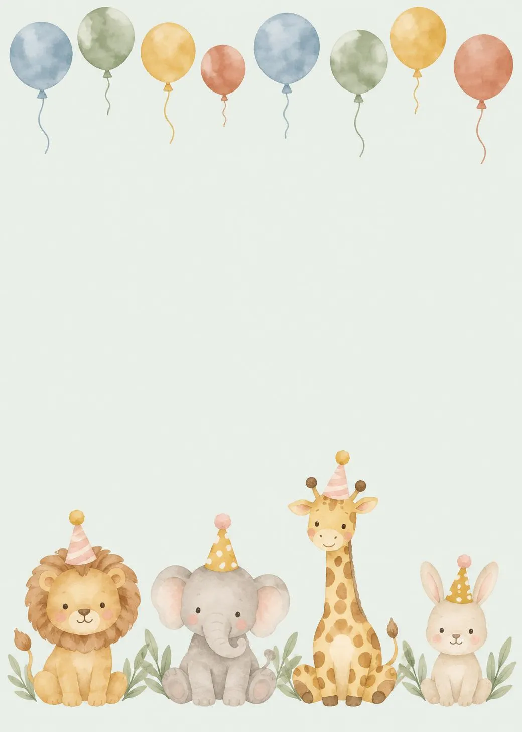 Safari baby shower invitation with watercolor balloons above, and a lion, elephant, giraffe and bunny in party hats