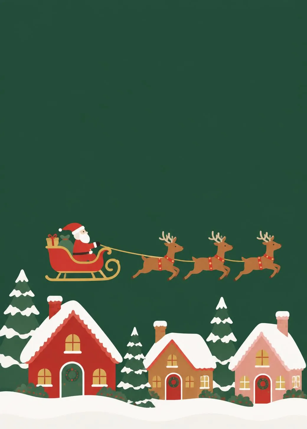 Christmas invitation with Santa's sleigh and reindeer flying over a snowy village of colorful houses and pine trees