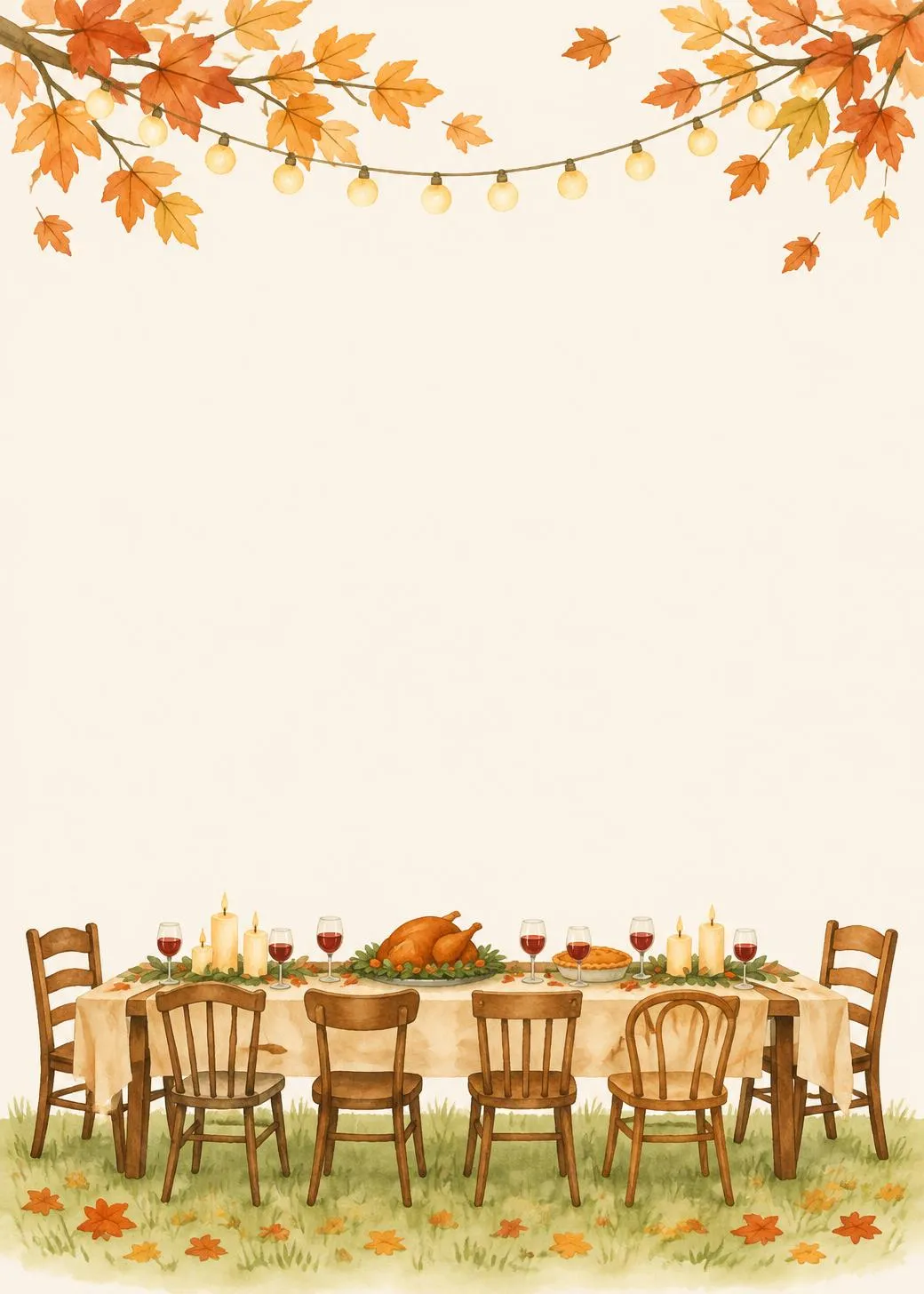 Thanksgiving invitation with a watercolor long dinner table and six wooden chairs on the grass, under autumn branches strung with glowing lights