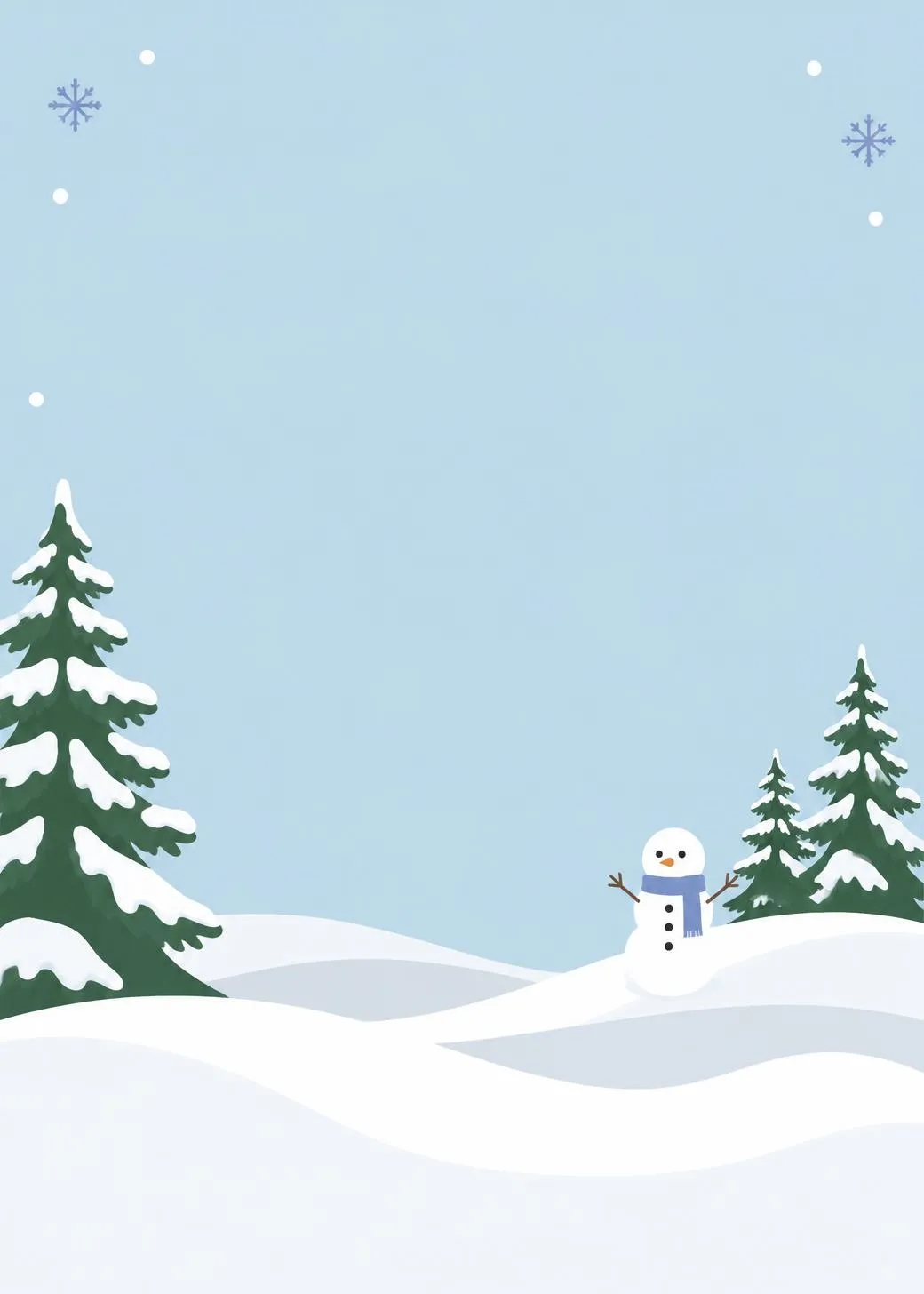 Winter wonderland invitation with snowy pine trees, a snowman and falling snow under a pale blue sky
